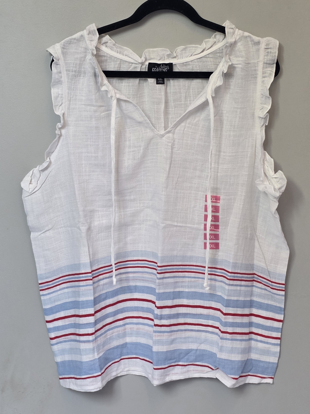 EcoVibe White Tie-Neck Sleeveless Tank with Blue & Red Stripes